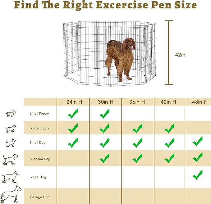 Foldable Dog Pen with 8 Panels & Door – 42 Inch Black Epoxy Coated Metal Exercise Pen, Play Space for Medium Large Dogs, Rabbits, Ducks & Other Small Animals