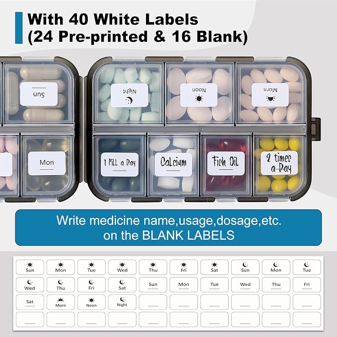 14 GRIDS Travel Pill Organizer Box with Labels - Travel Medicine Case Kit - Pocket Daily Pharmacy Container - Travel Medication Holder Dispenser for Fish Oil Vitamin Supplement Storage - Clear Gray