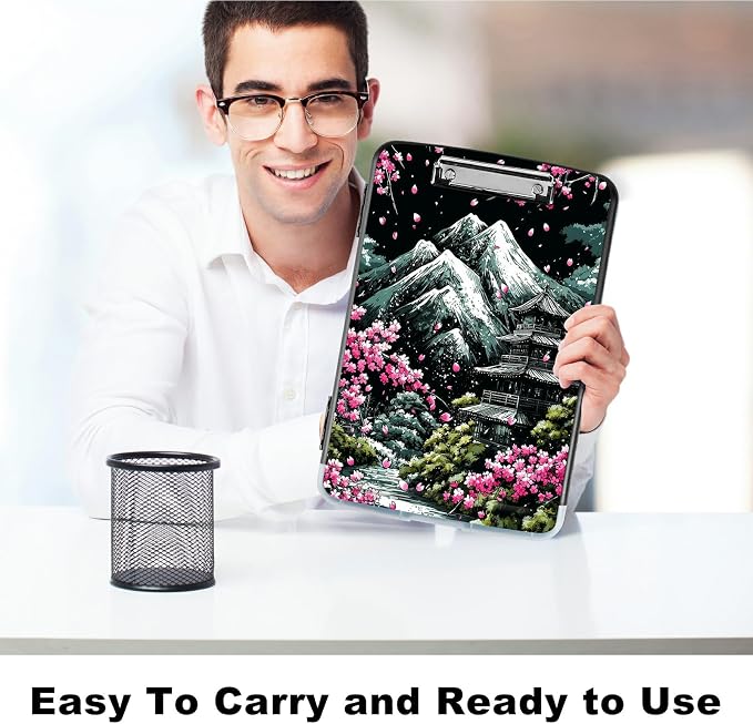 A4 Clipboard with Storage Pen Holder, Clipboards Organizer Nursing Clipboard Foldable File Folder Plastic Clipboard Folio Clip Board for Office Classroom Doctor, Sakura Dark Mountain Range