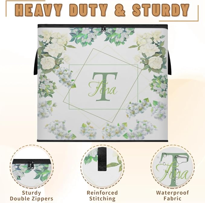 Personalized Name Foldable Storage Basket Cubes with Lid, Laundy Hamper Dirty Clothes Pet Toys Storage Bin with Handles for Shelf Home Closet Kitchen, Off White Gardenia Floral