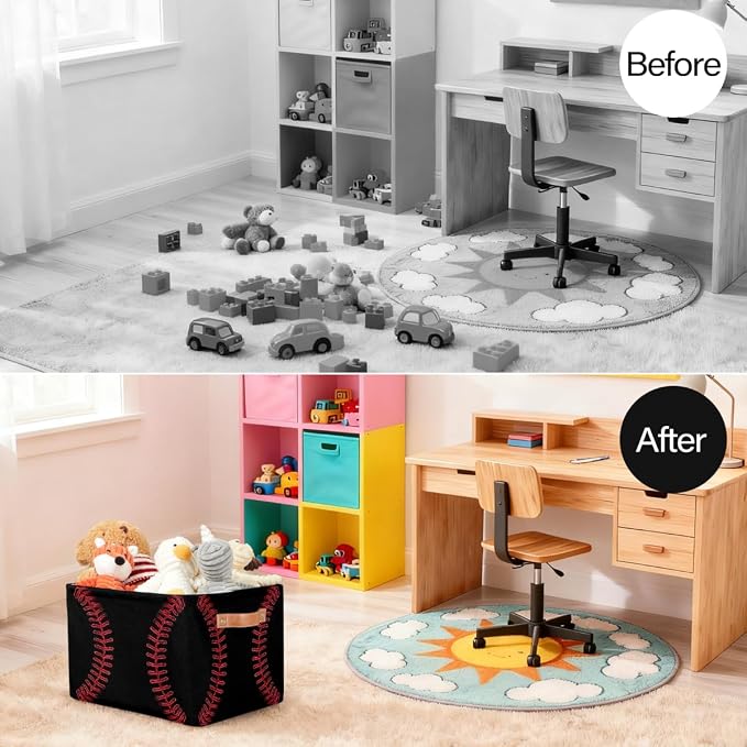 Storage Baskets Bin, Black Baseball Red Stitching Collapsible Canvas Fabric Storage Bin Decorative Baskets Toy Organizer Rectangle Storage Boxes with handles for Home Shelves Nursery,1Pack,C-04