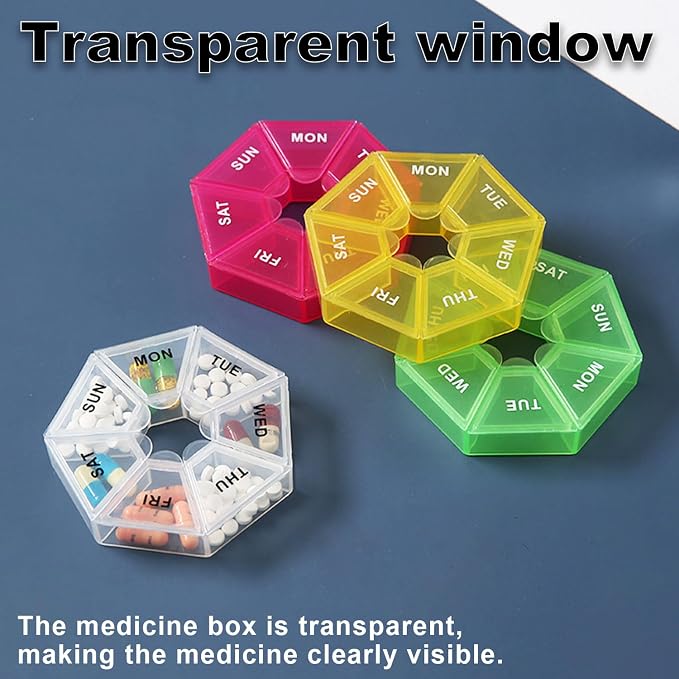 4pcs Travel Pill Organizer, Small Portable Pill Box, 7 Compartment | Weekly Medicine Dispenser, Vitamin Supplement Holder Reminder, Arthritis-Friendly(Yellow,Light Green,Transparent,Rose Pink)