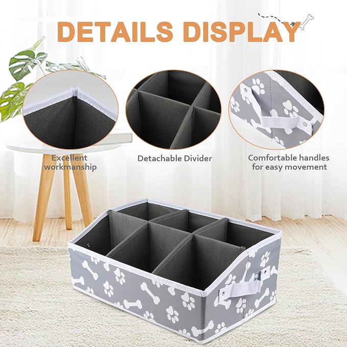 Collapsible Fabric Storage Box for Pet Treats with Dividers - Dog Treat Container Bin - Bone Paw Print
