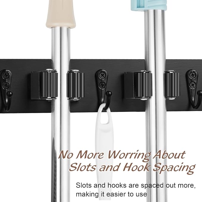 OUTNILI Black Mop Broom Holder Wall Mount with 4 Slots & 4 Hooks - Rustic Wood Broom Mop Hanger for Pantry Closet Laundry Room Organization - Heavy Duty Garden Tool Organizer - Black Kitchen Decor