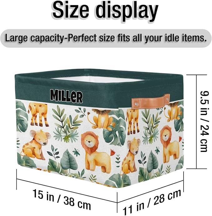 Custom Rectangular Baby Storage Basket, Kids Toys Bin, Books Shelf Basket, Clothes Towel Storage Bin for Nursery, Gift Basket, Pet Basket, Watercolor Leaf Animal Lion Koala