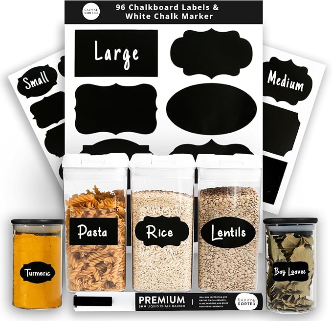 96 Chalkboard Labels for Storage Bins, Chalkboard Stickers with Chalk Maker, Chalk Labels for Kitchen Containers Organizing, Removable Black Food Pantry Jar Label Stickers for Glass Bottles