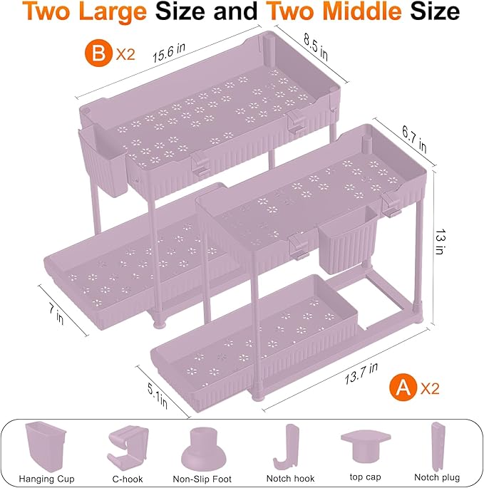4-Pack 2-Tier Under Sink Organizer with Pull Out Drawers | Multi-use kitchen & bathroom storage. Includes hanging hooks and cups. Pink, space-saving cabinet design. 12.8 Inch