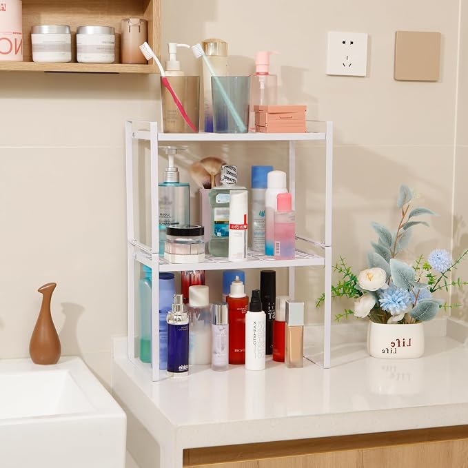 MiaLi Cabinet Organizer Shelf, Set of 2 Metal Counter Shelves Spice Rack, Stackable Kitchen Bathroom Organizers and Storage, White
