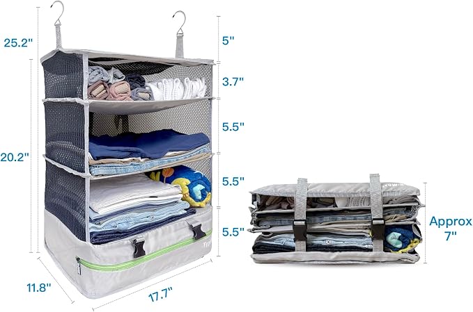 Stow-N-Go Hanging Travel Shelves, Packing Organizer for Luggage. Carry on Closet for Suitcase. Expandable Packing Cube. Travel Essentials. (Light Gray - XL, XL = (L) 17.7" x (W) 11.8")