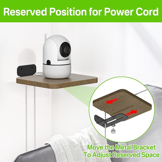 Aiweiwa 2 Pack Security Camera Shelf Wood Floating Mount with Cable Reserved, Universal for Better View in Bedroom, Bathroom, Kitchen, Living Room Wall Deck