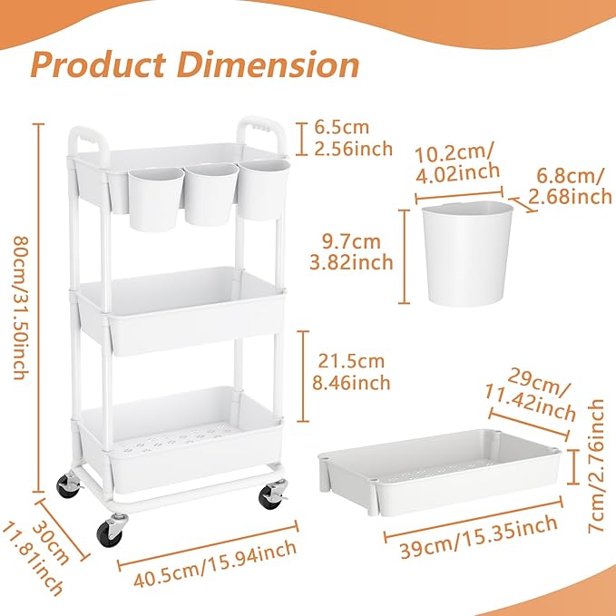 3-Tier Plastic Rolling Storage Cart Utility Cart with Extra Hanging Cups Handles Lockable Wheels for Living Room Bathroom Kitchen Office White | Utility Cart with Extra Hanging Cups Arc-Shaped Handles Lockable Wheels for Living Room Bathroom Kitchen Of...