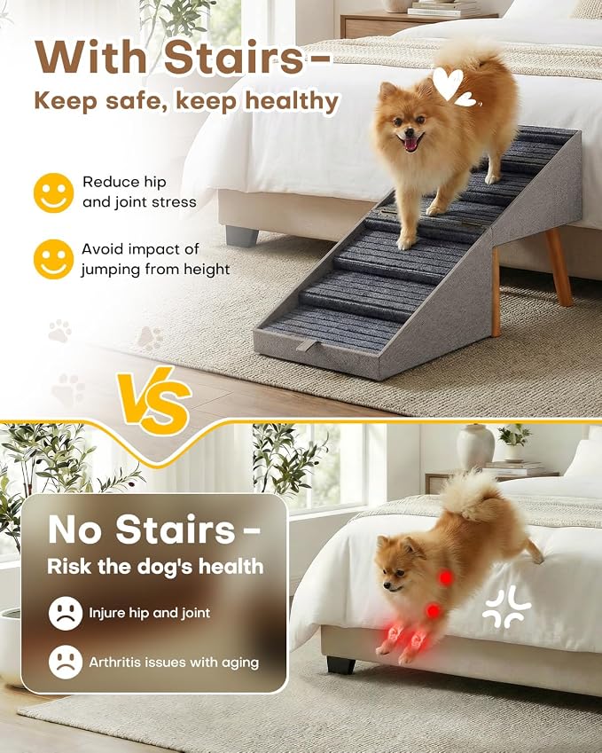 Split Ottoman Dog Ramp for Bed and Couch, 21.06" H Non Slip Dog Stairs for Small Medium Large Dogs Cats Puppies Joint Support, 2 in 1 Foldable Wooden Pet Steps for Senior/Injured Dogs, Space Saving