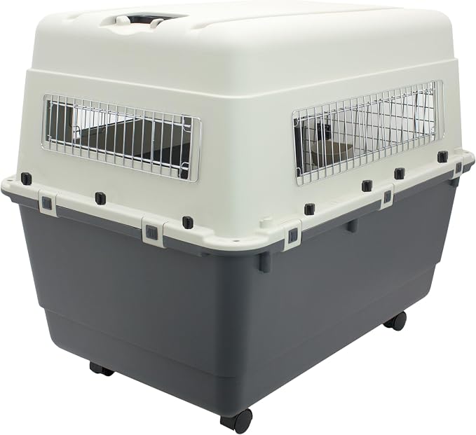 SportPet Airline Compliant XX-LARGE 39" Travel Dog Kennel-Durable Plastic Airline Pet Carrier w/ Removable Wheels & Food Bowls, Collapsible Indoor/Outdoor Dog Kennel, Dogs up to 36"L & 27"H-Cream/Gray