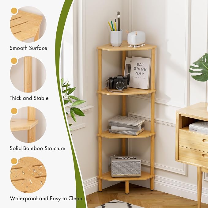 Corner Shelf Stand, 4 Tier Bamboo Corner Organizer, Narrow Tall Bookcase, Corner Shower Caddy, Plant Display Shelf, Open Storage Shelves for Living Room, Kitchen, Office, Balcony, Bathroom