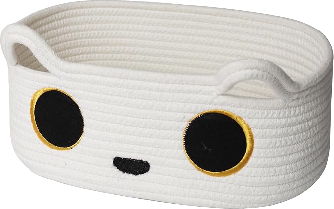 White Cat Toy Basket, Small Woven Cat Toy Storage Box with Cute Ears Handle Indoor, Cotton Rope Storage Bin with Embroidered Face for Home Decor, Pet Bed, Baby Nursery Kids Room Organization
