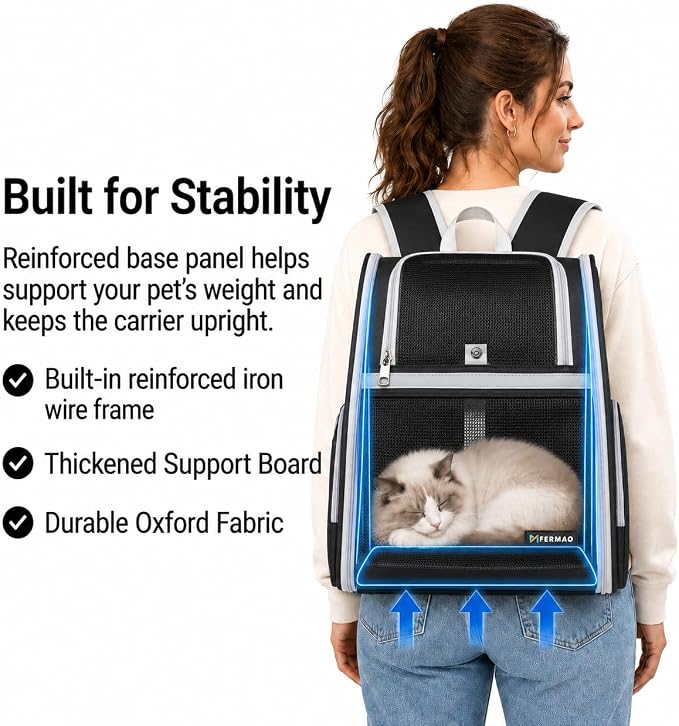 Cat Backpack Carrier for Small Dogs and Medium cat Puppy Kitten Bunny Pet Carrier Backpack Collapsible with Fully Ventilated Mesh with Safety Leash (Black, 12.9" L x 10.62" W x 15.5" H - M)