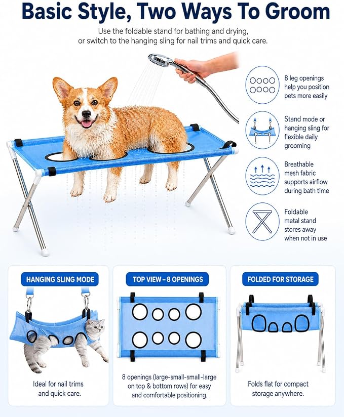 Dog Grooming Hammock Stand, Foldable Dog Bath Holder Sling Shower Chair | Heavy-Duty Pet Bath Stool for Small & Medium Dogs, Home Salon Grooming, Washable Mesh, Joint Support & Restraint(Black,Base)