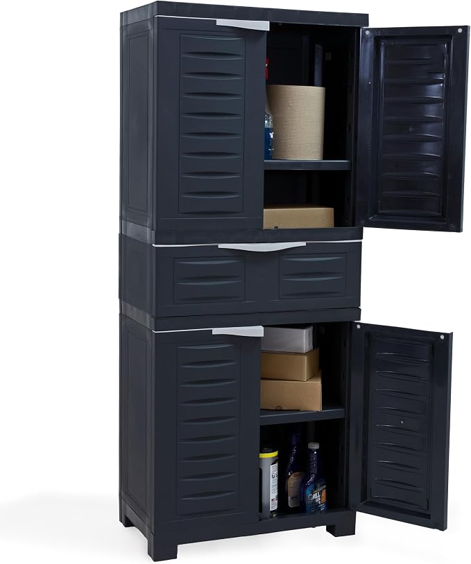 Sunnydaze 57" Garage Storage Cabinet with Doors & Shelves, Charcoal | Heavy Duty Resin Storage Cabinet Resists Rust & Peeling, Utility Cabinet with Drawer & Anti-Tip Kit for Laundry, Office