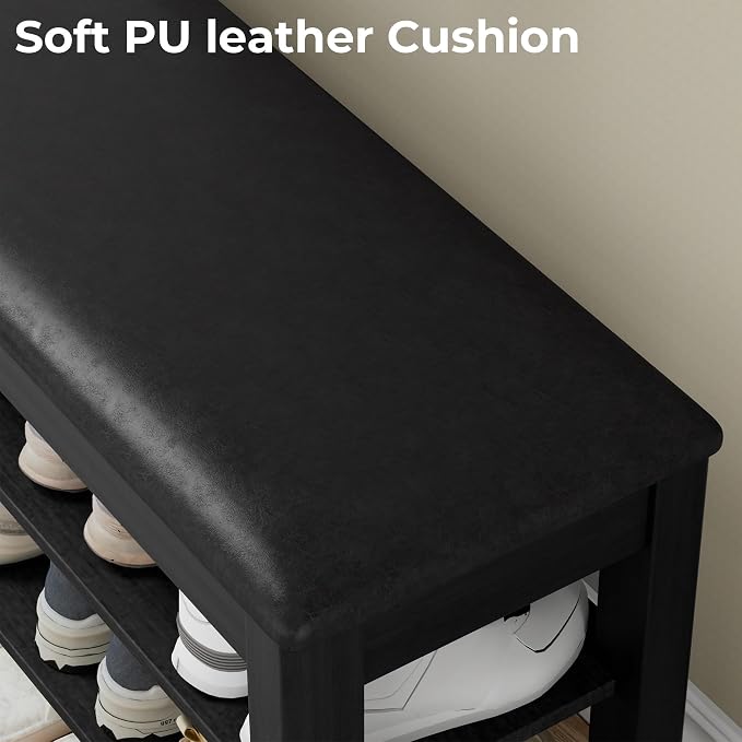 Homleke 39.4" Wide Solid Wood Shoe Rack Bench with Flip-Top Storage | 2-Tier Entryway Bench with Cushion, Adjustable Shelf, Holds Up to 10 Pairs, for Hallway, Bedroom and Closet, Black