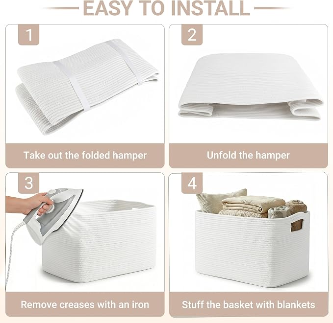 Large Laundry Basket/Hamper, 22"x17"x12", White | Rectangle Woven, Toy Storage, Baby Blanket Basket, With Handle, Shelf Basket