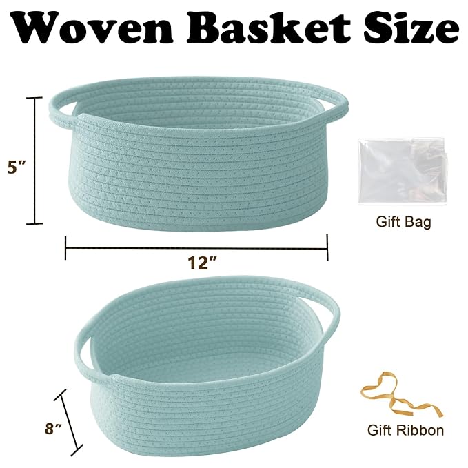 Woven Rope Basket - Baby Gift Basket with Bag & Ribbon, Aqua | Cotton rope with handle, 12 x 8 x 5 in, gift bag and ribbon, for baby shower, birthday, toy storage, nursery, shelf decor