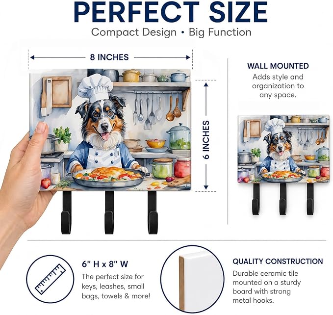 Caroline's Treasures Australian Shepherd The Chef Leash or Key Holder Wall Hooks, Key Hooks Holder, Coat Rack Wall Mount, Coat Hooks, Hooks for Hanging Keys, Towels, Aprons, Leashes | Australian Shepherd The Chef artwork on ceramic tile with three stee...