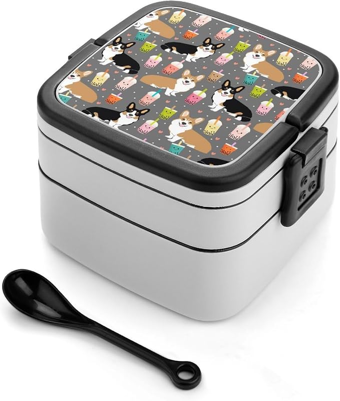 Cute Corgi Pet and Milk Tea Double Layer Bento Box, 1000ml Stackable Leakproof Lunch Container with Spoon, Portable 2-Tier Food Storage Box for Office Work Picnic Camping and Travel