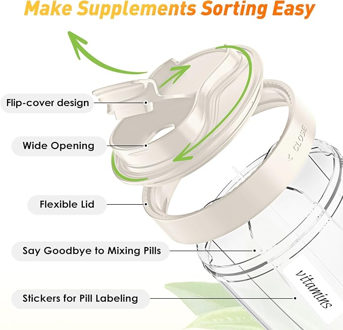 Pill Dispenser with 7 Large Compartments - Portable Pill Organizer for Travel, Anti-Mix Design & Wide Opening Design, Easy Access to Vitamin Dispenser, Includes 20 Blank Stickers (White)
