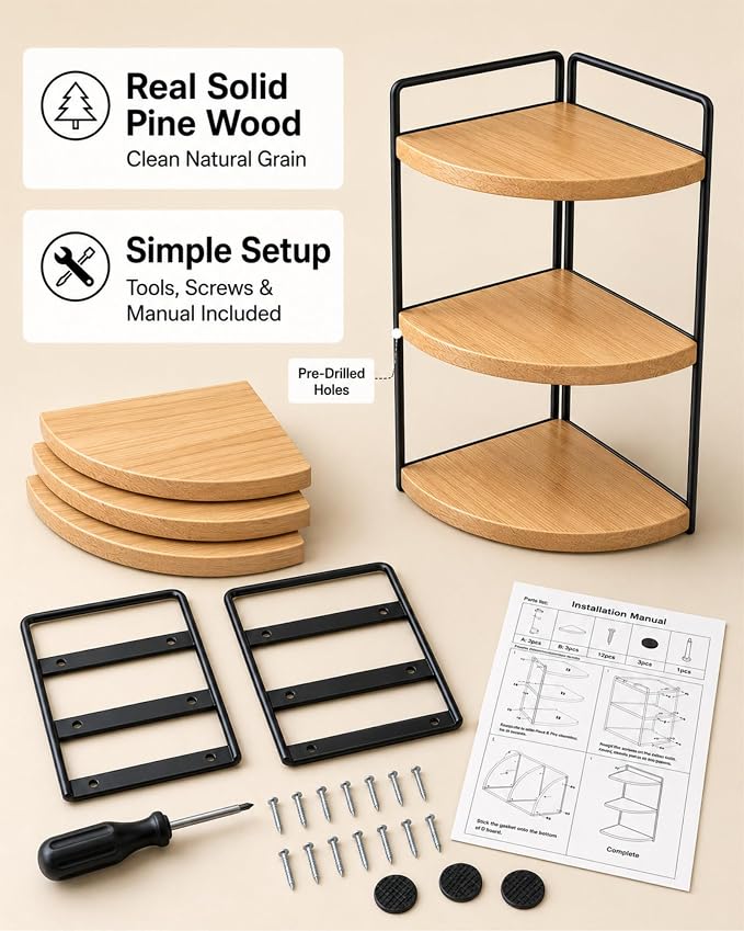 3-Tier Corner Bathroom Countertop Organizer, Solid Pine Wood Vanity Shelf | Natural wood solid pine shelves with 6.3 in clearance for tall bottles, skincare, perfume, and daily essentials.