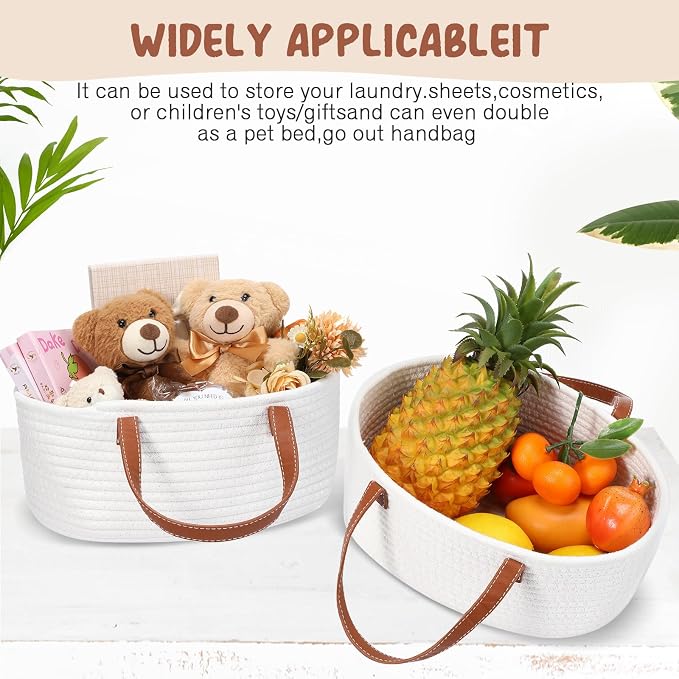 Colingmill Empty Woven Gift Basket with PU Leather Handle and Bag Cotton Rope Basket Organizer for Pet Toy Storage Baby Shower Birthday Party Wrapping Gift(12 * 8 * 5 Inch)