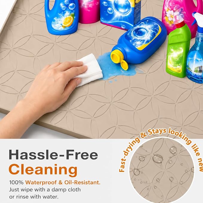 34"x22" Silicone Shelf Liner & Waterproof Under Sink Mat(Beige) | Durable Under Sink Organizer Tray with Raised Edge, Protects Bottom Cabinets & Shelves from Leaks & Cleaning Supplies