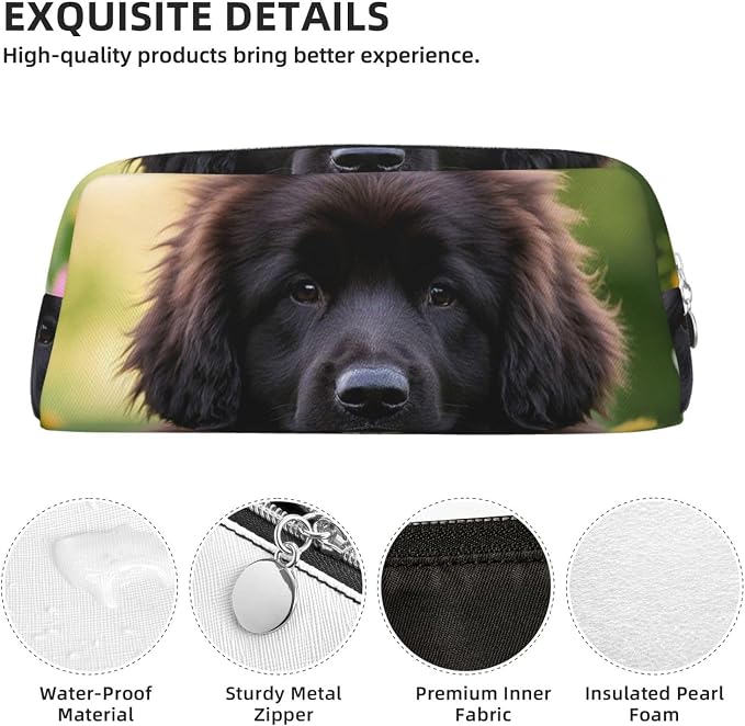 PU Leather Pencil Case Cosmetic Pencil Bags Makeup Pouch with Zipper | Cute Pet Newfoundland Dog Pen Pouch Portable Cosmetic Organizer Bag For Office Woman Man