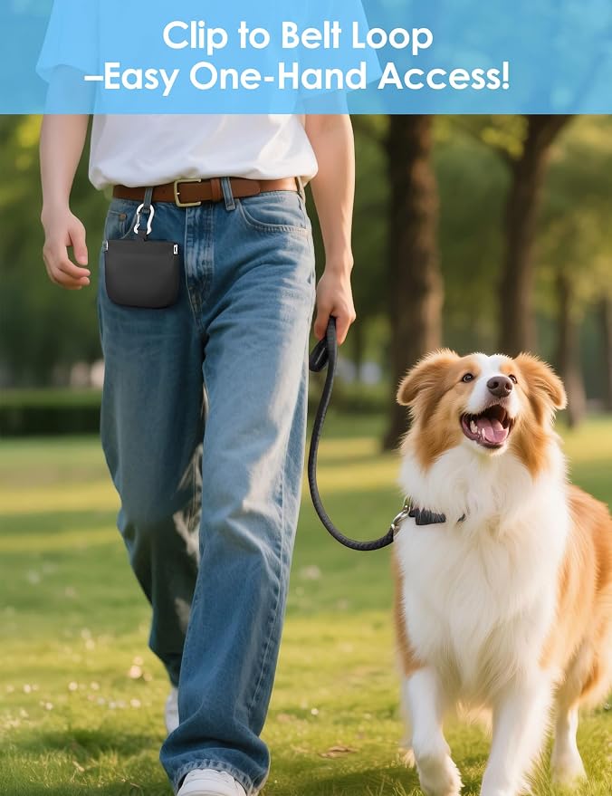1Cup Silicone Dog Training Treat Pouch for Leash or Belt Loop(Black) | Clip on Leash or Belt Loop, One-Hand Access with Pull Tab, Small Pocket Sized, Auto Closing Lid for Pet Training & Walking
