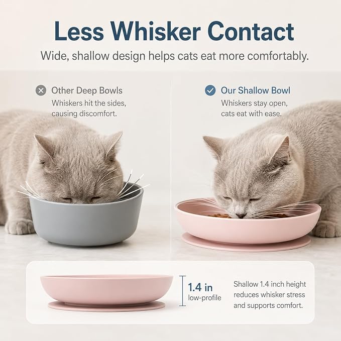 Meow&Woof 2 Pack Silicone Cat Food Bowls with Suction Base, Whisker-Friendly Shallow Cat Bowls for Wet Food, Non-Slip Pet Feeding Dishes for Cats, Small Dogs, Puppies and Kittens, 7.8", Pink & Blue