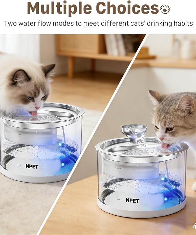 NPET N280 Glass Cat Water Fountain - 2.8L Automatic, Ultra-Quiet Pump with Stainless Steel Tray, Easy to Clean & Eco-Friendly for Cats and Dogs
