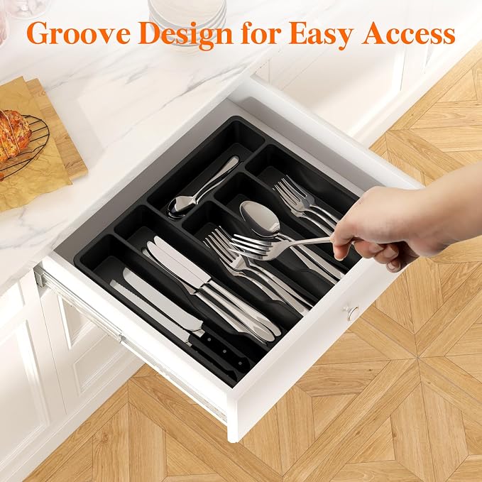 Lifewit Silverware Organizer with Lid, Covered Utensil Tray, 12.6x11.8 | Plastic Cutlery Storage Box for Kitchen Drawer and Countertop, Flatware Case Holder for Spoons Forks Knives, Black