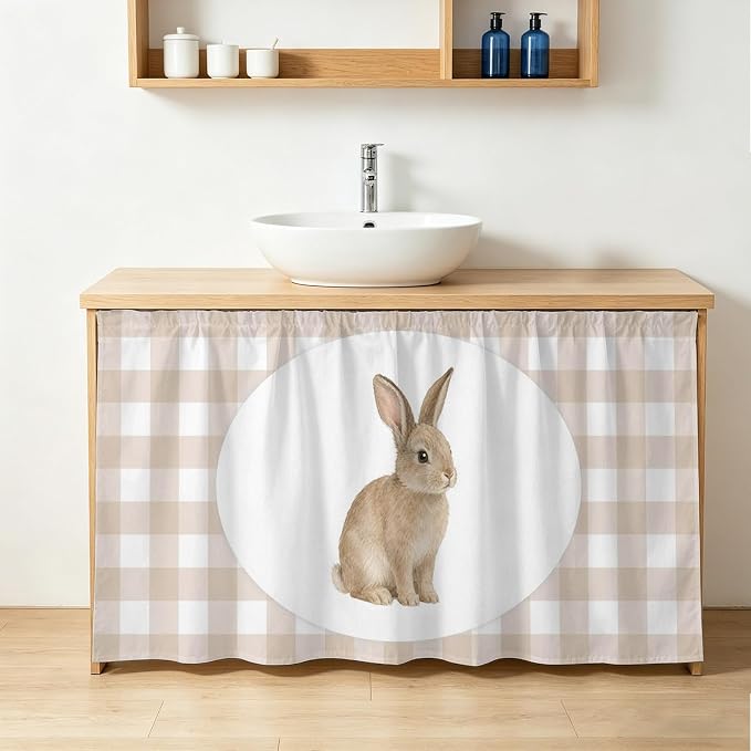 Rabbit Plaid Cabinet Curtains 28"x51" Sink Skirt for Bathroom Kitchen, Modern Farmhouse Checkered Rustic Animal Self Stick Adhesive Under Desk Covers Tall Laundry Cabinet Storage Organizer