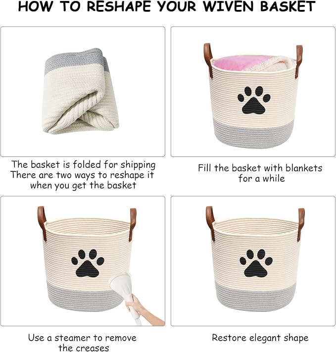 Geyecete Cotton Rope Basket with Leather handle Dog Cotton rope for dogs Laundry Basket Storage Bin dog bin Storage Bins-Natural Woven Basket-Beige/Gray