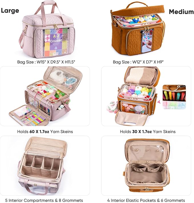 MYBAGZING Crochet Bag Organizer - Yarn Bags for Crocheting - Crochet Storage Bag with Pockets for Crochet Hooks, Crochet Accessories - Yarn Organizers - Yarn Holders for Crocheting - Knitting Bags