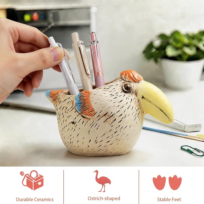 Ceramic Ostrich Shaped Pen Pencil Holder for Desk Decoration Accessories Ostrich Decor Makeup Brush Pen Cups Succulent Plant Pot Office School Ideal Gifts for Women, Mom or Birthdays