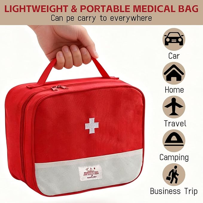 Red First Aid Bag, Medical Bag Empty, Portable Medicine Bag Organizer for Home Outdoor Camping Hiking Travel (Red)