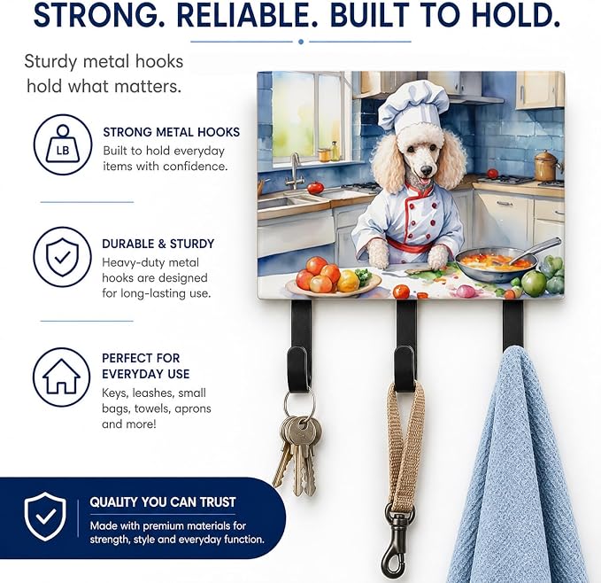 Caroline's Treasures White Poodle The Chef Leash or Key Holder Wall Hooks, Key Hooks Holder, Coat Rack Wall Mount, Coat Hooks, Hooks for Hanging Keys, Towels, Aprons, Leashes | White Poodle The Chef artwork on ceramic tile with three steel hooks for ke...