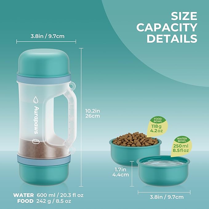 Dog Water Bottle with 20.3oz Water & 8.5oz Food Dispenser, 2 Detachable Bowls with Shoulder Strap, Leakproof Portable Travel Water Bottle for Pets Outdoor Walking, Hiking, Camping, Small