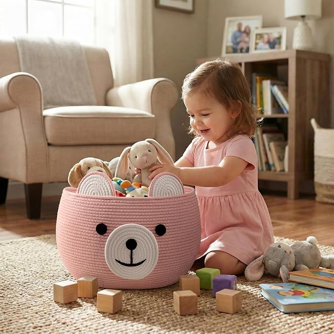 CherryNow Large Baby Basket for Gifts Empty, Cute Bear Design, Brght Pink | 15.7" x 10.5" Baby Shower Basket for Kids Boys Newborn Storage, Woven Rope Toy Basket, Fits Living Room Nursery Décor