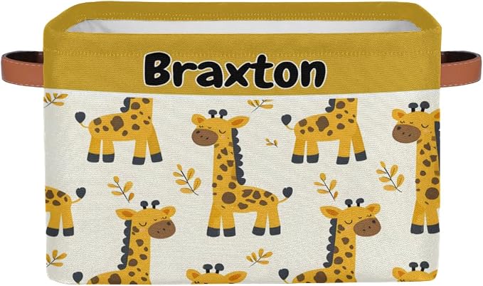 Custom Storage Baskets Name, Personalized Storage Bins Basket Boxes PU Leather Handles for Clothes Bedroom Closet Organizing Toys Books Shelves, Cartoon Giraffes Autumn Yellow Leaves