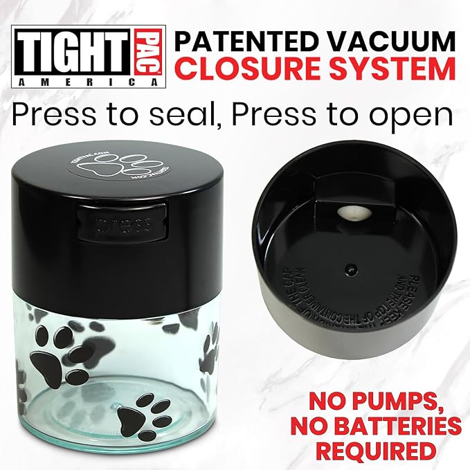 Pawvac 3 Ounce Vacuum Sealed Pet Food Storage Container; Black Cap & Clear Body/Black Paws