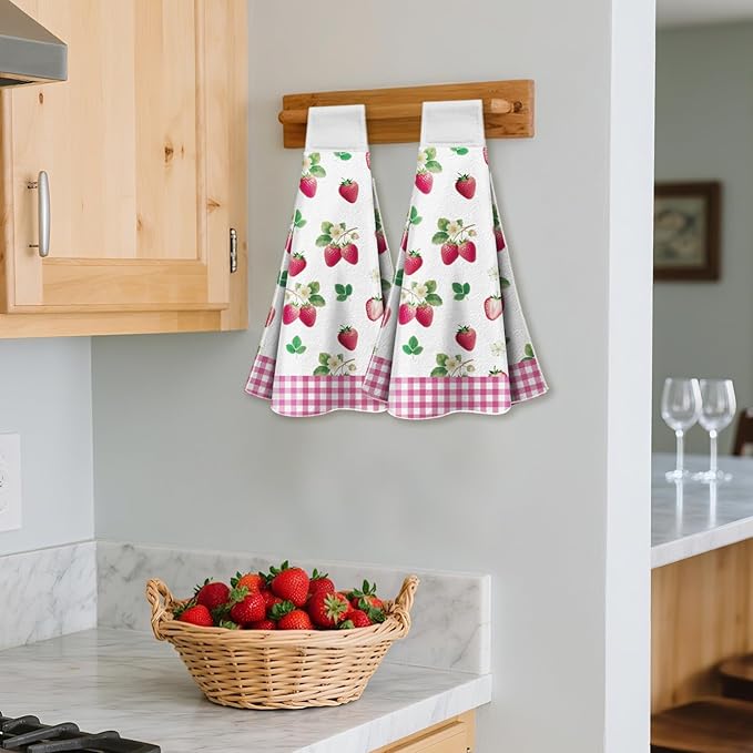 CUTHOLLOW Strawberries Hanging Kitchen Towels with Loop, Set of 2 - Soft & Super Absorbent Microfiber Decorative Hanging Dish & Hand Towel, Tea, Coffee Towel for Kitchen Bathroom Oven Handle
