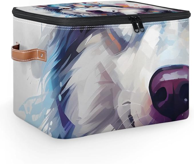 Husky Dog Foldable Storage Bin with Lid Zipper | Closet Shelf Organizer, Boxes, Basket Containers for Home, Lidded Storage Cube for Bedroom, Waterproof, with Handles