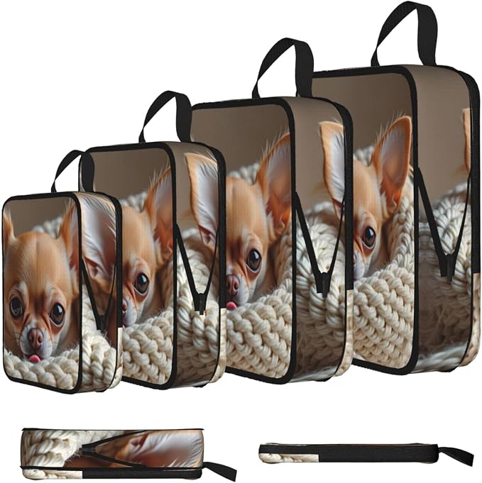 Cute Brown Chihuahua Compression Packing Cubes Set Of 4, Lightweight Expandable Travel Organizer Bags With Double Zipper For Vacation Business