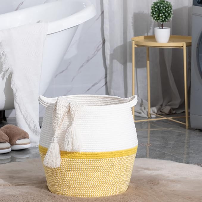 KAKAMAY Woven Baskets for Storage(17"x17"),Large Cotton Rope Woven Baby Laundry Hamper,Collapsible Laundry Basket, Blanket Basket for Organizing Living Room,Nursery,Pillows,Toy Chest(Yellow)